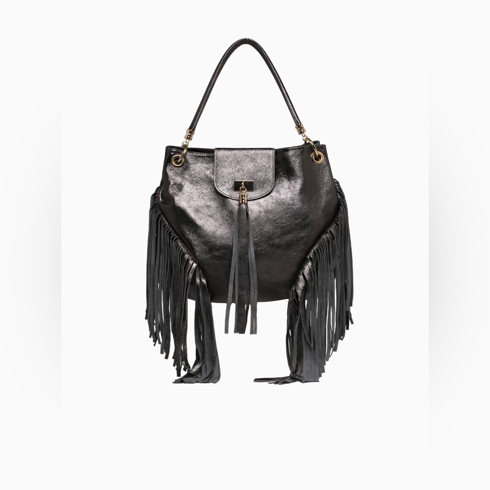 Fringed Gunmetal/Black Leather Shoulder Bag
